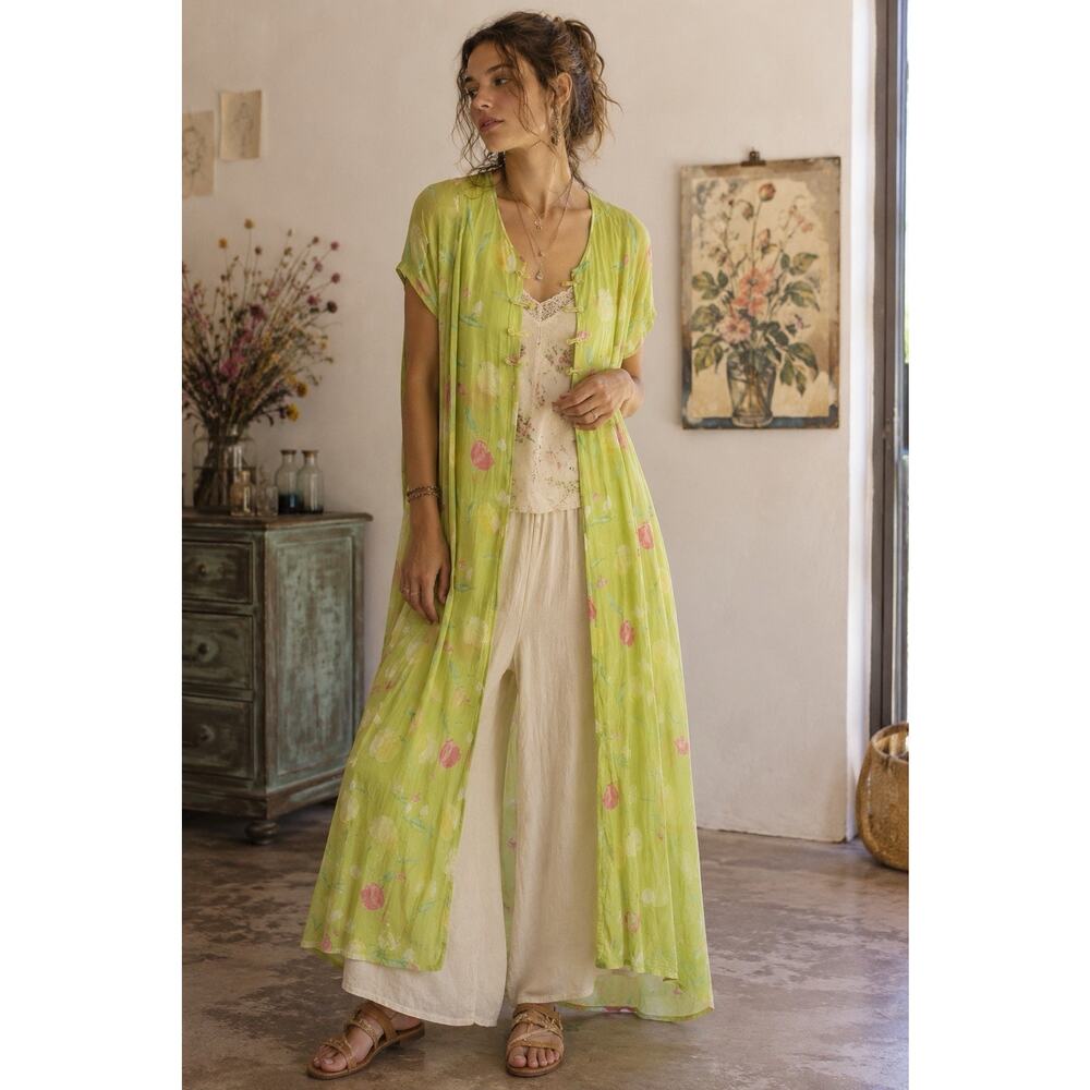 April Cornell Vintage‎ Y2K Green Floral Sheer Kimono Cottagecore Womens Small